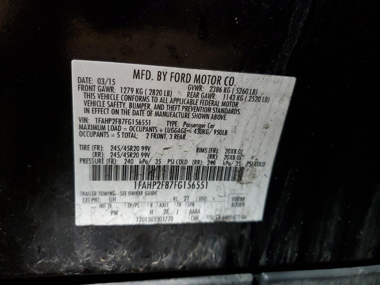 2015 Ford Taurus VIN 1FAHP2F87FG156551 Copart auction photo, rear end damage thumbnail 13