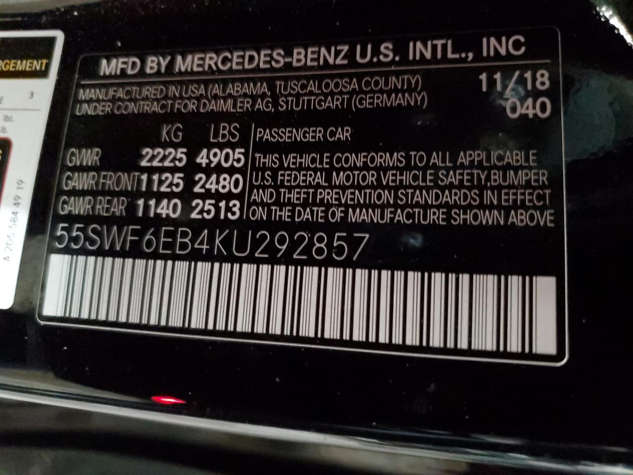 2019 Mercedes-Benz C-klasse VIN 55SWF6EB4KU292857 Copart auction photo, front end / side damage thumbnail 15