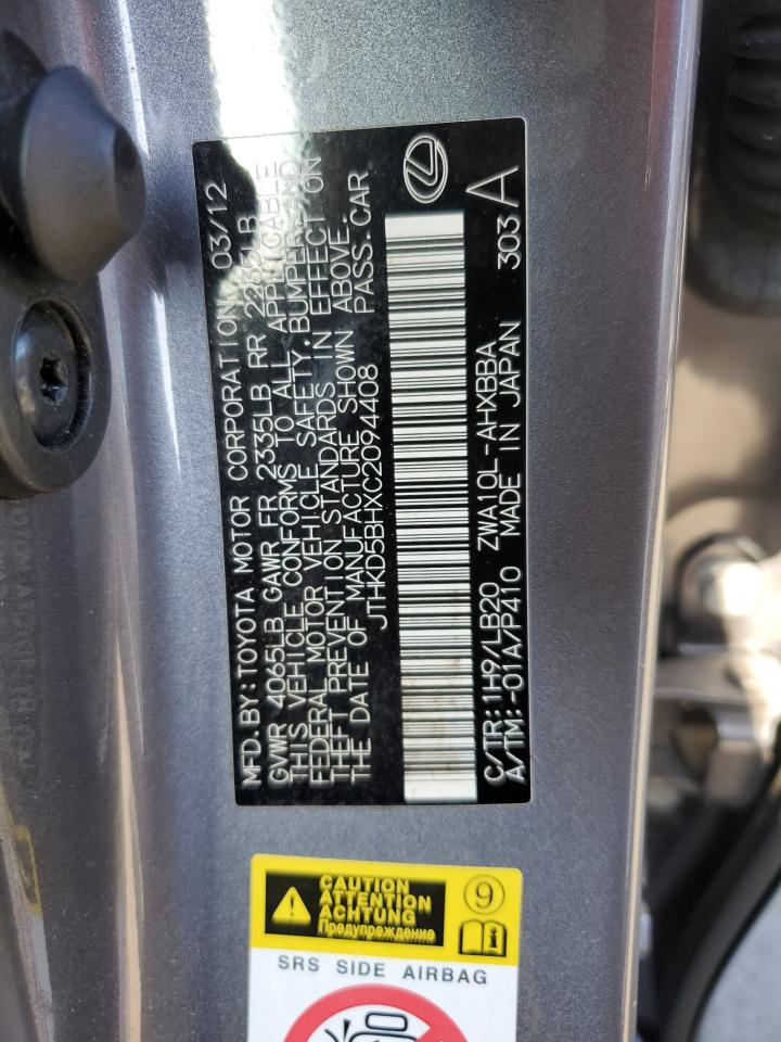 2012 Lexus CT VIN JTHKD5BHXC2094408 Copart auction photo, front end damage thumbnail 12