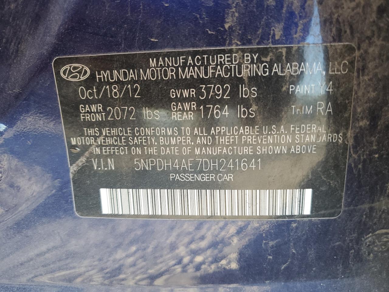 2013 Hyundai Elantra VIN 5NPDH4AE7DH241641 Copart auction photo, all over damage thumbnail 15