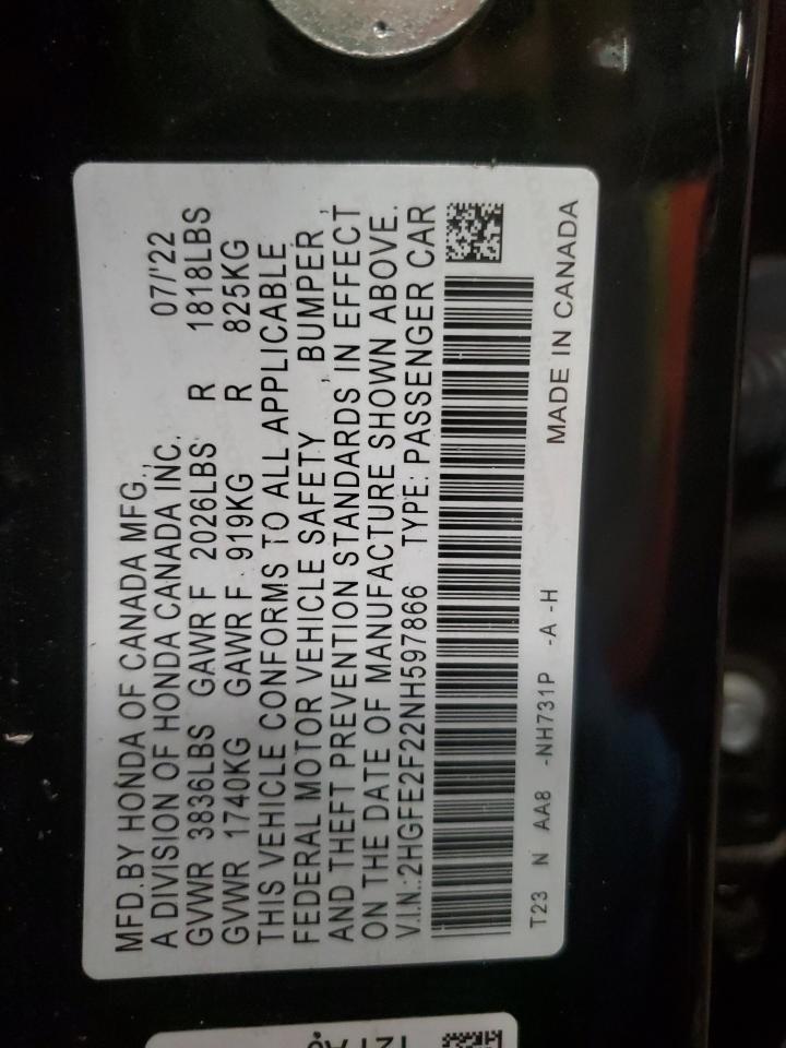 2022 Honda Civic VIN 2HGFE2F22NH597866 Copart auction photo, rear end / side damage thumbnail 13