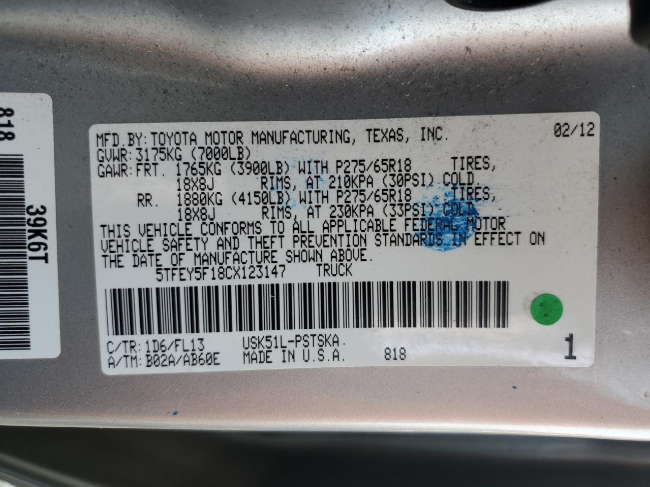 2012 Toyota Tundra VIN 5TFEY5F18CX123147 Copart auction photo, front end damage thumbnail 12