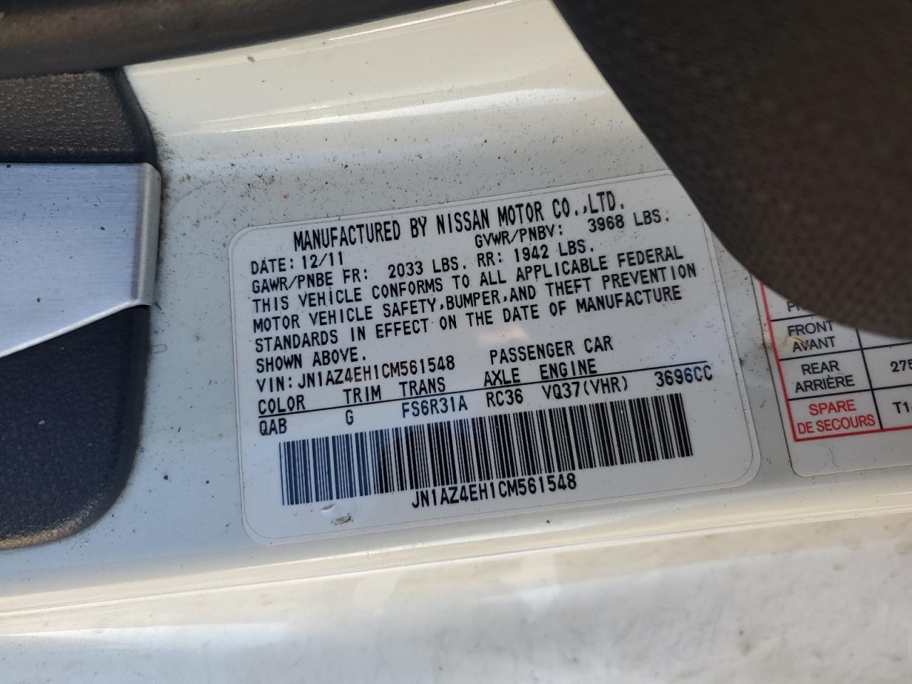 2012 Nissan 370Z VIN JN1AZ4EH1CM561548 Copart auction photo, front end damage thumbnail 13