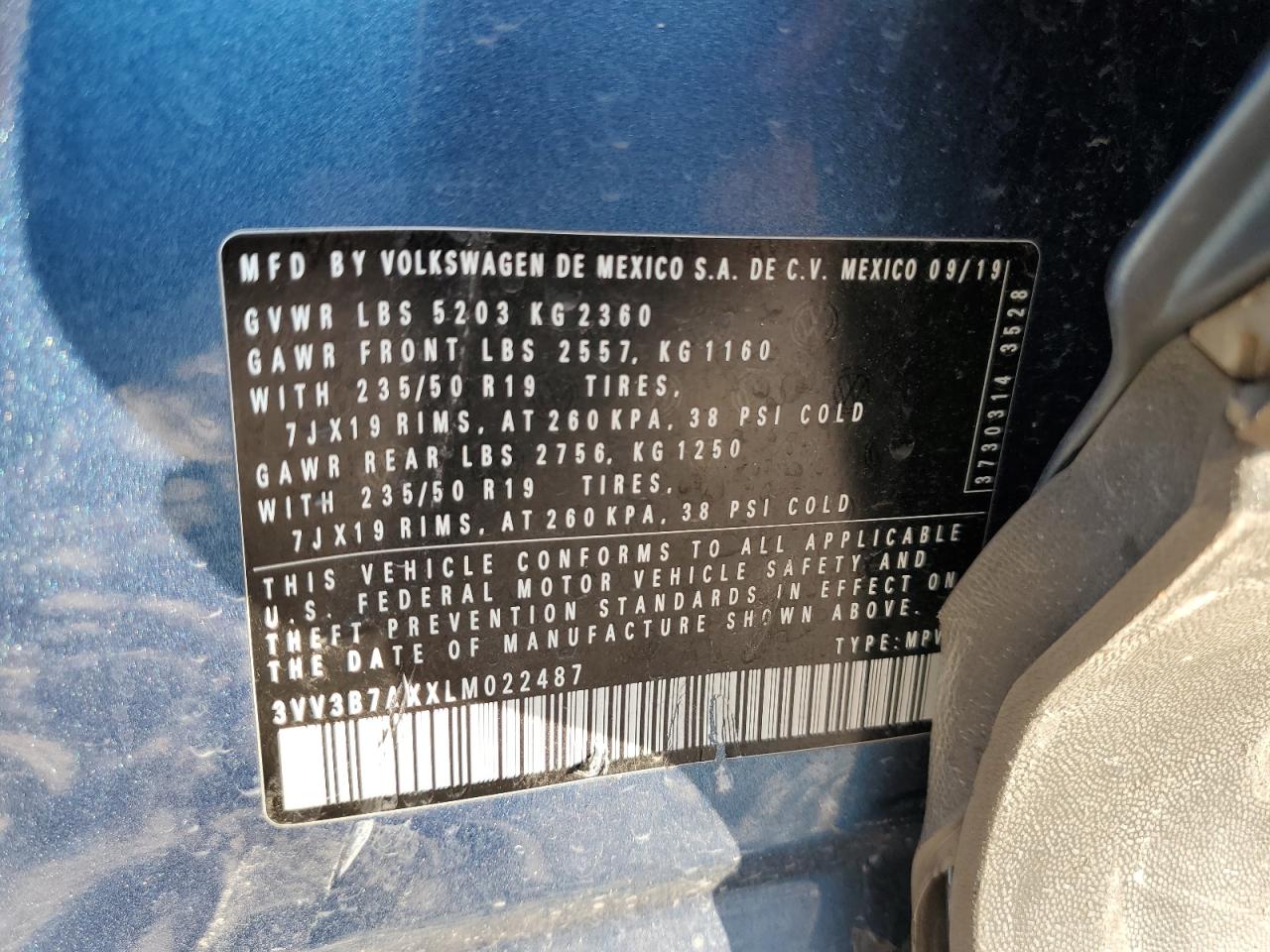 2020 Volkswagen Tiguan VIN 3VV3B7AXXLM022487 Copart auction photo, side damage thumbnail 13