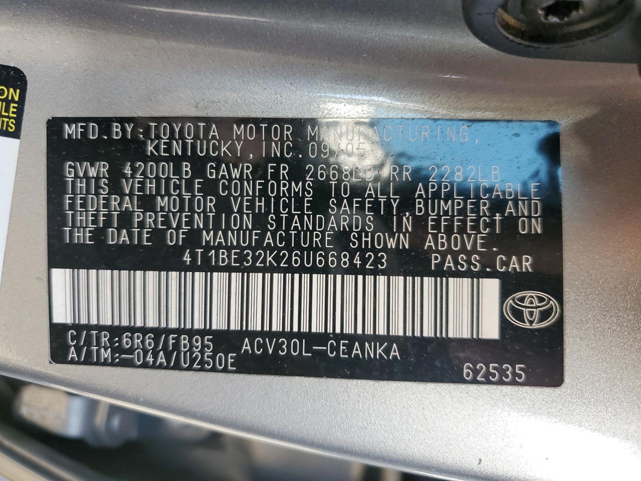 2006 Toyota Camry VIN 4T1BE32K26U668423 Copart auction photo, front end / minor dent/scratches damage thumbnail 12