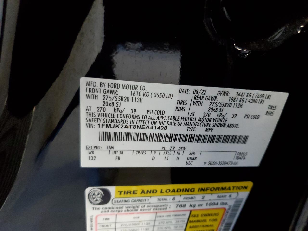 2022 Ford Expedition VIN 1FMJK2AT8NEA41498 Copart auction photo, rear end damage thumbnail 14