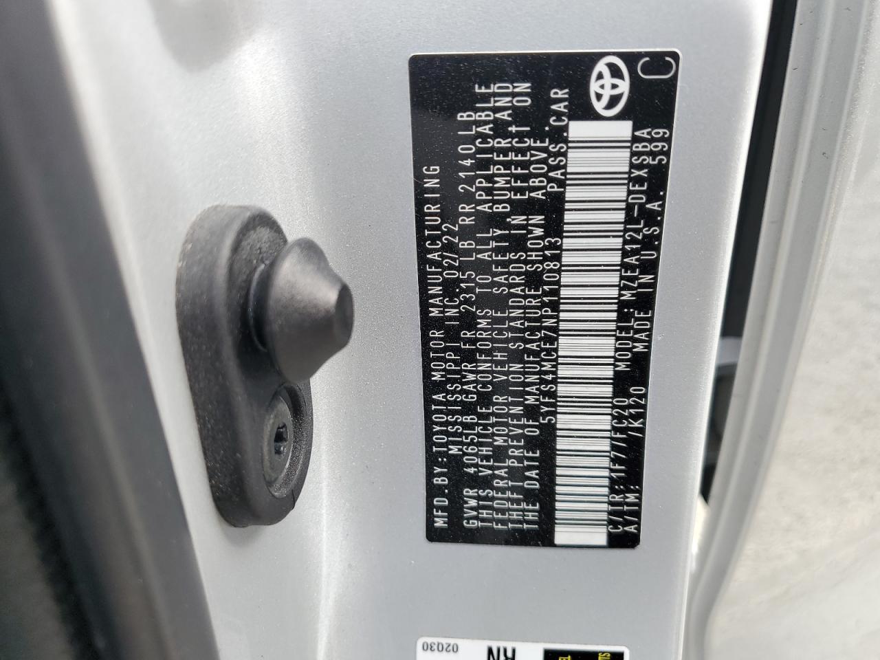 2022 Toyota Corolla VIN 5YFS4MCE7NP110813 Copart auction photo, side damage thumbnail 14