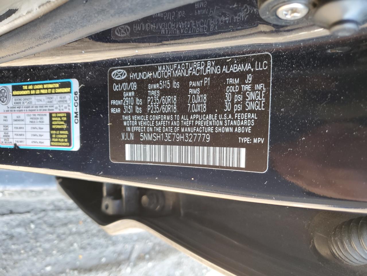 2009 Hyundai Santa Fe VIN 5NMSH13E79H327779 Copart auction photo, front end damage thumbnail 13