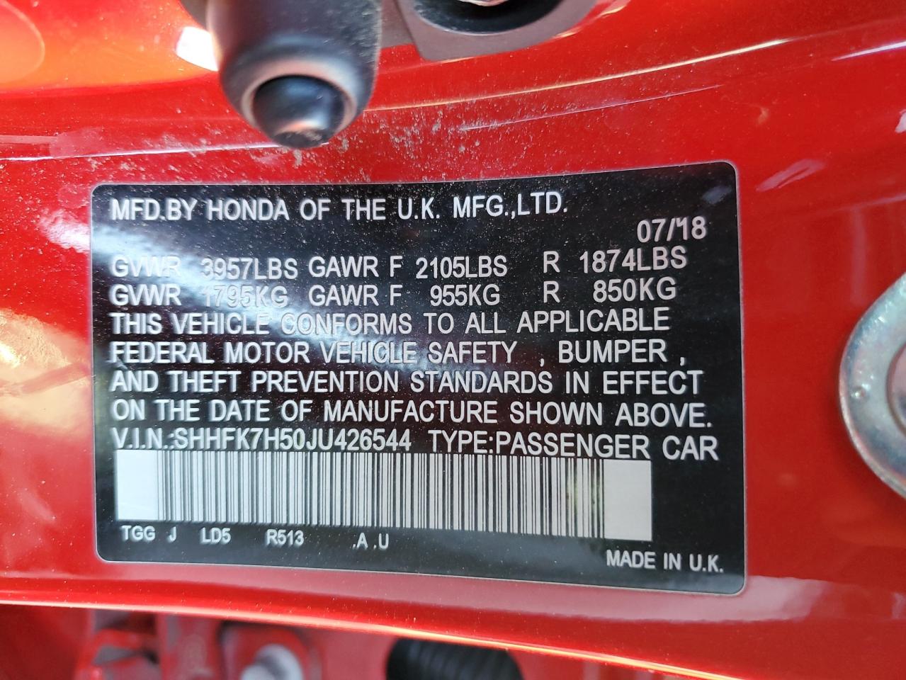 2018 Honda Civic VIN SHHFK7H50JU426544 Copart auction photo, all over damage thumbnail 13