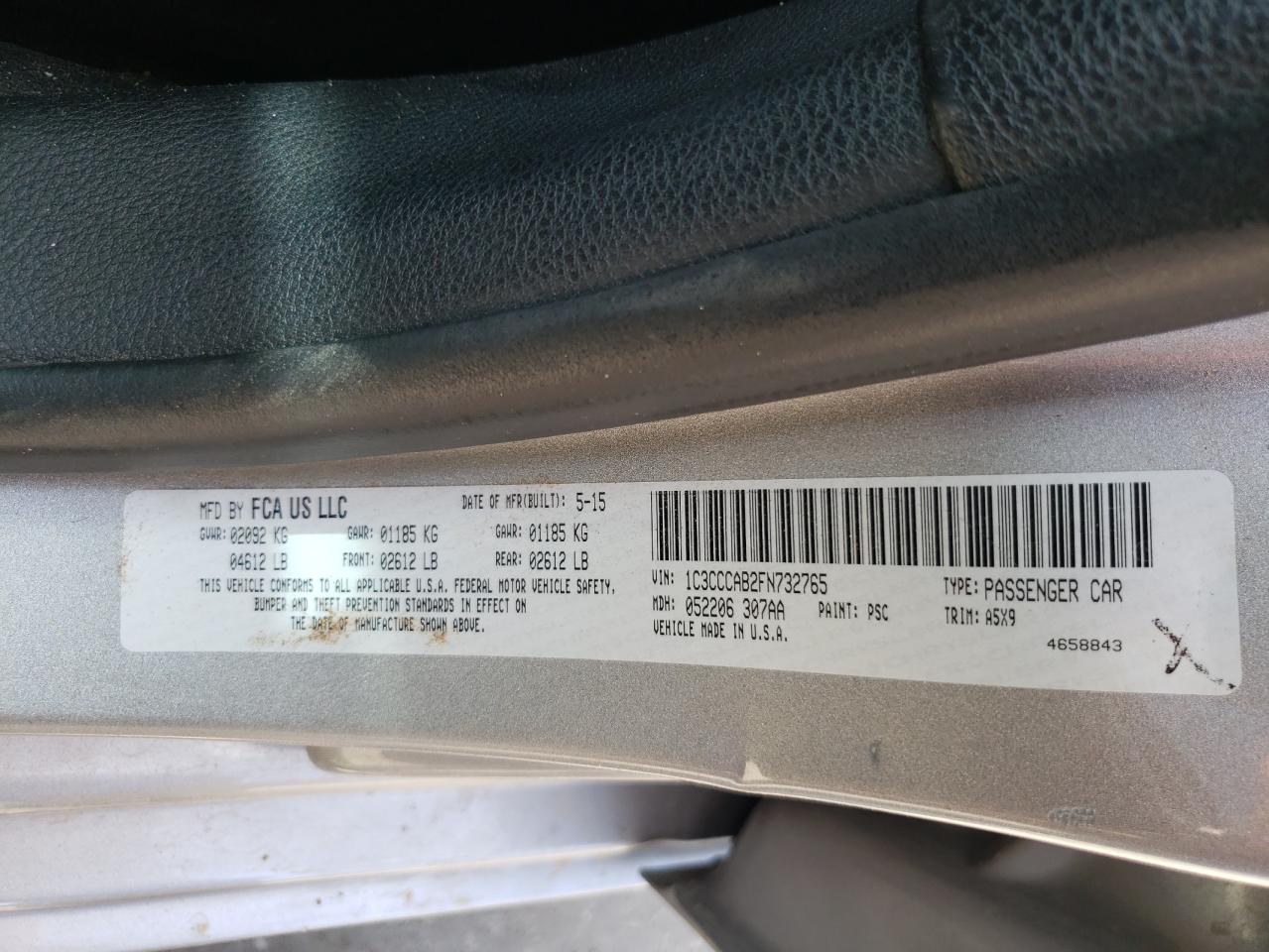 2015 Chrysler 200 VIN 1C3CCCAB2FN732765 Copart auction photo, front end / minor dent/scratches damage thumbnail 12