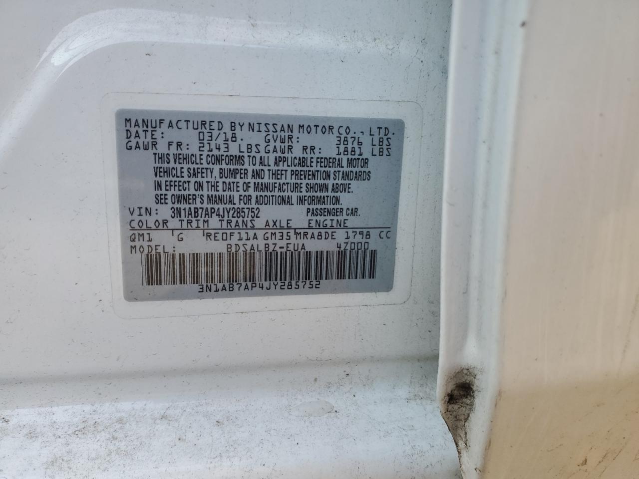 2018 Nissan Sentra VIN 3N1AB7AP4JY285752 Copart auction photo, front end / side damage thumbnail 15