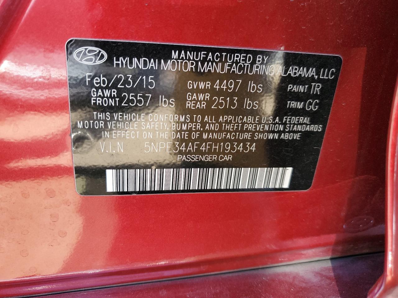 2015 Hyundai Sonata VIN 5NPE34AF4FH193434 Copart auction photo, vandalism damage thumbnail 12