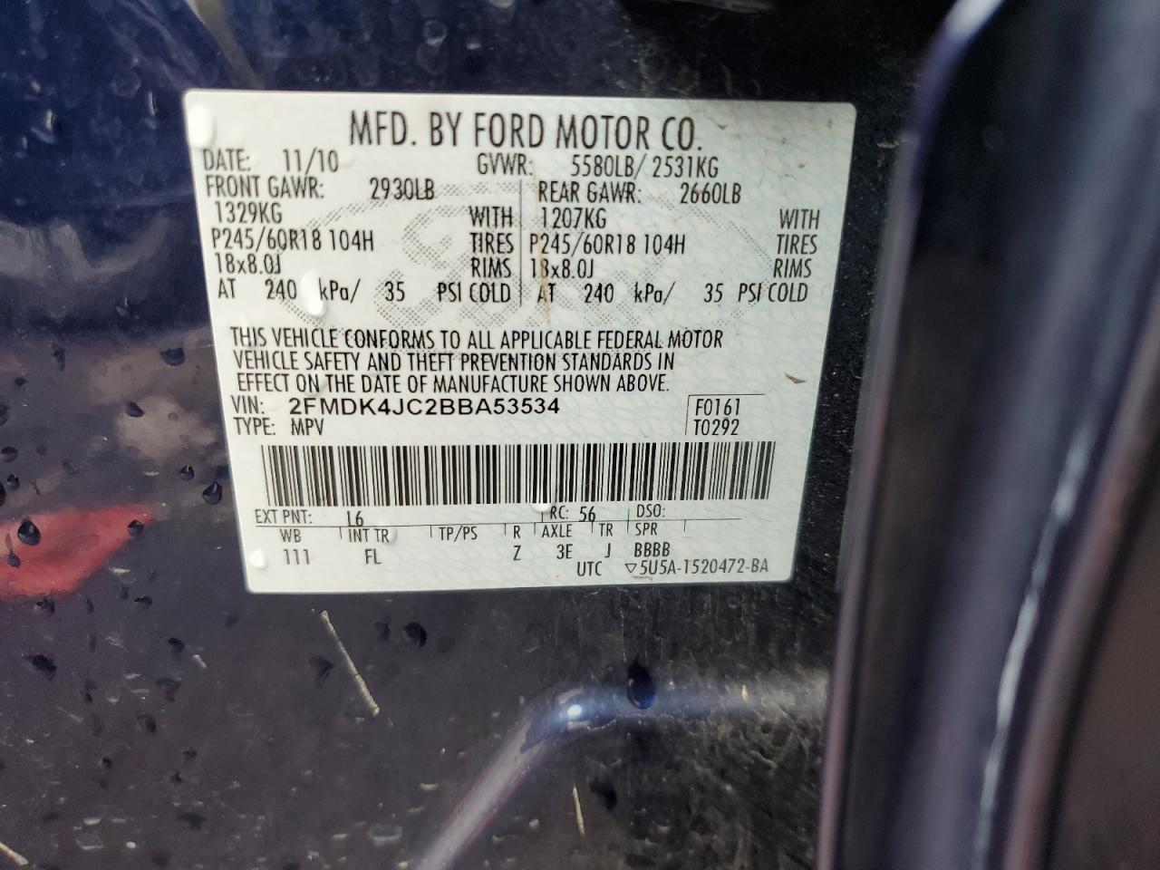 2011 Ford Edge VIN 2FMDK4JC2BBA53534 Copart auction photo, front end / side damage thumbnail 13