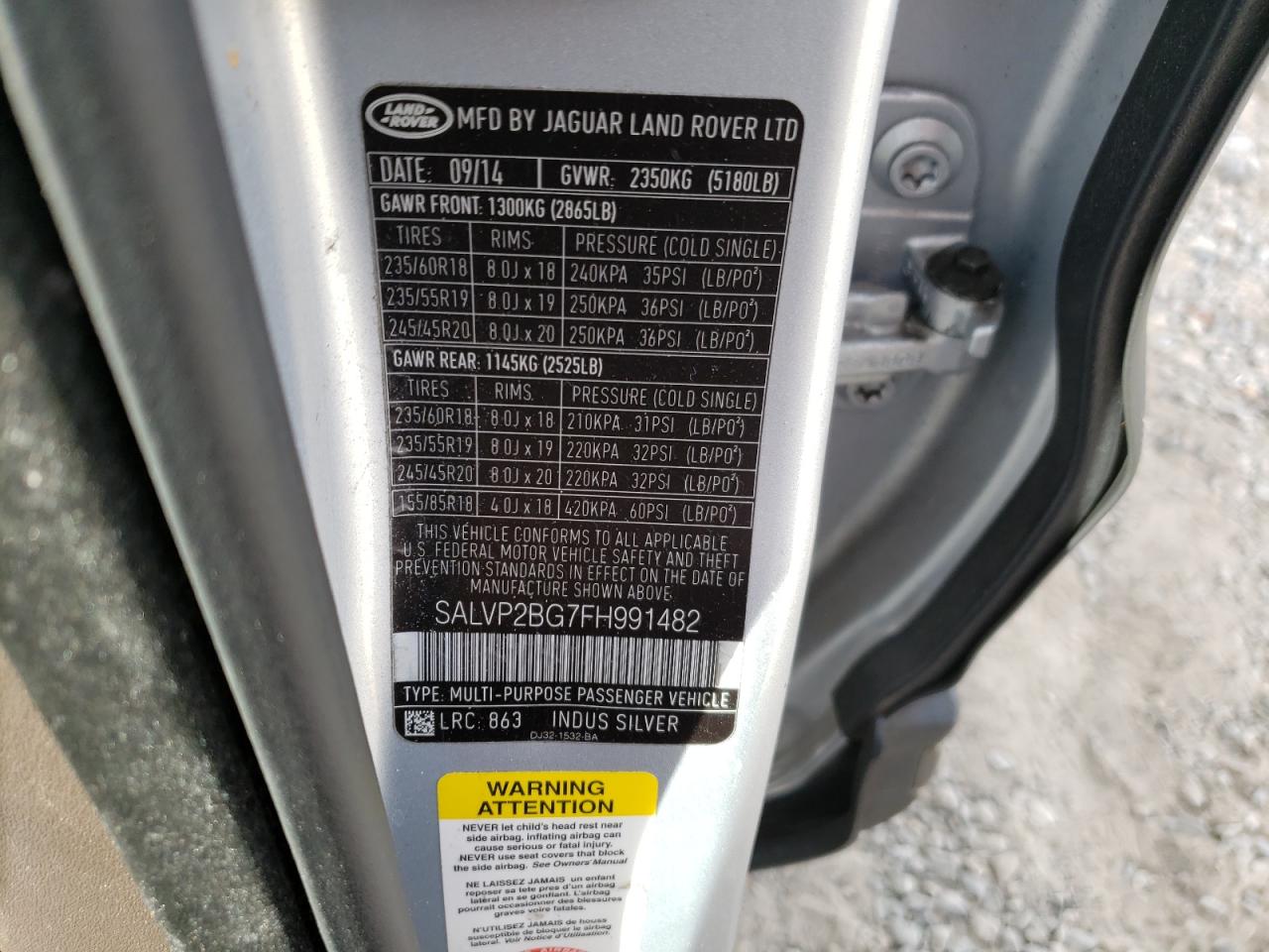 2015 Land Rover Range Rover VIN SALVP2BG7FH991482 Copart auction photo, front end / rear end damage thumbnail 15