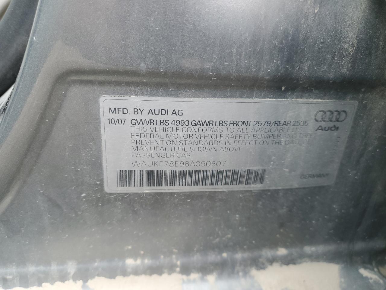 2008 Audi A4 VIN WAUKF78E98A090607 Copart auction photo, front end damage thumbnail 12
