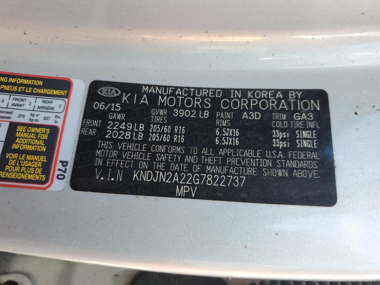 2016 KIA Soul VIN KNDJN2A22G7822737 Copart auction photo, water/flood damage thumbnail 13