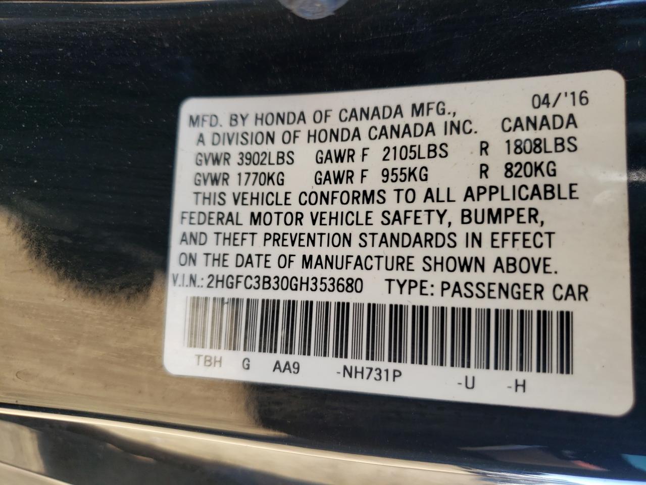 2016 Honda Civic VIN 2HGFC3B30GH353680 Copart auction photo, side / front end damage thumbnail 14