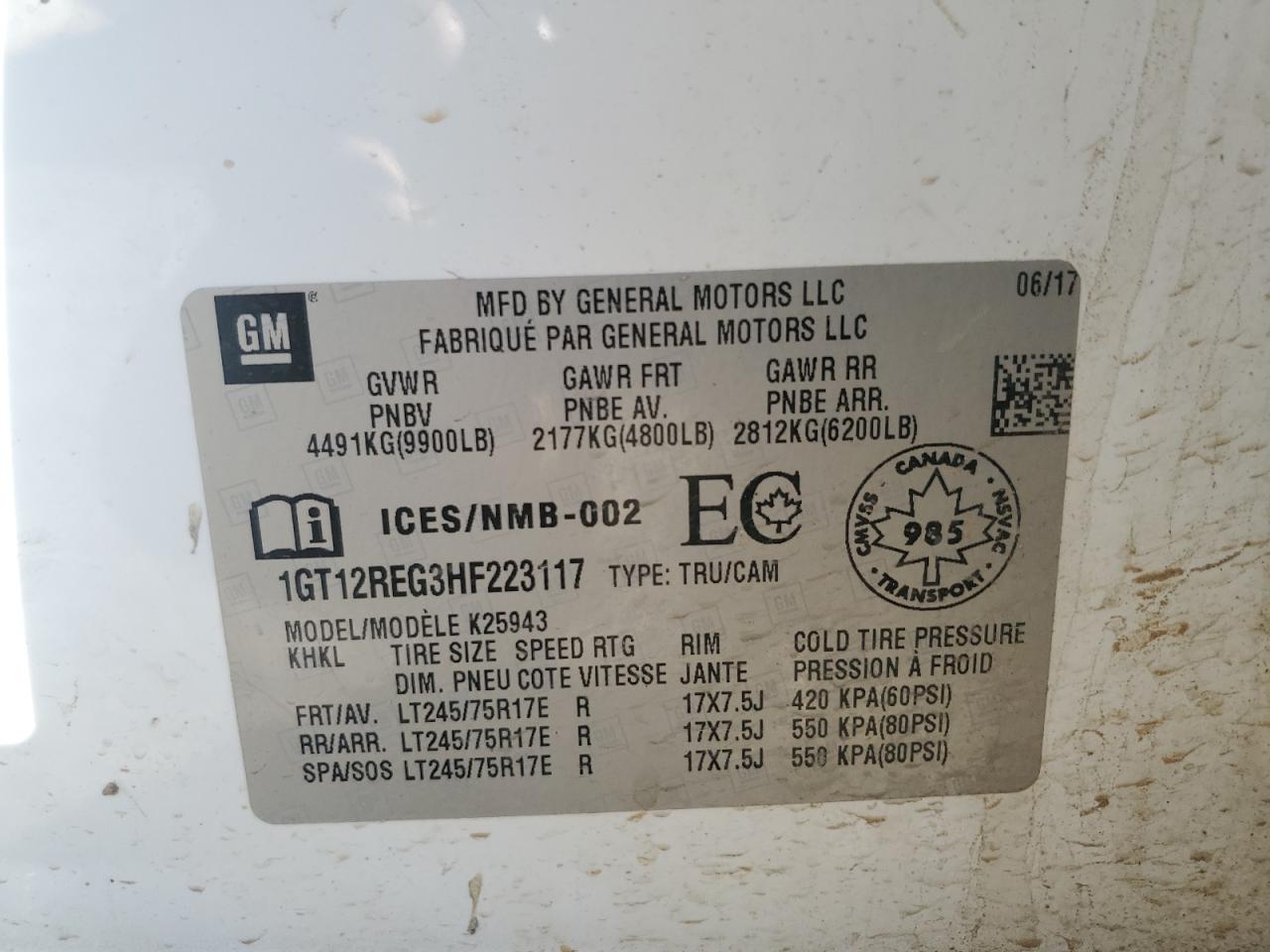 2017 GMC Sierra VIN 1GT12REG3HF223117 Copart auction photo, front end damage thumbnail 12