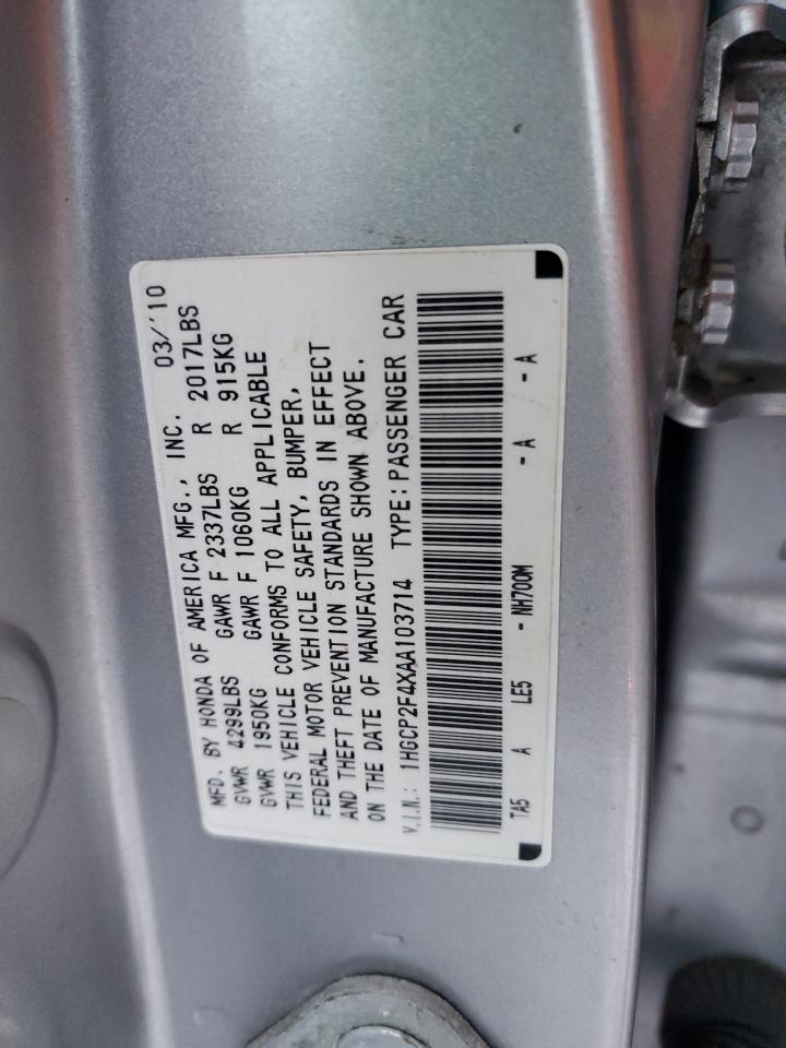 2010 Honda Accord VIN 1HGCP2F4XAA103714 Copart auction photo, front end damage thumbnail 12
