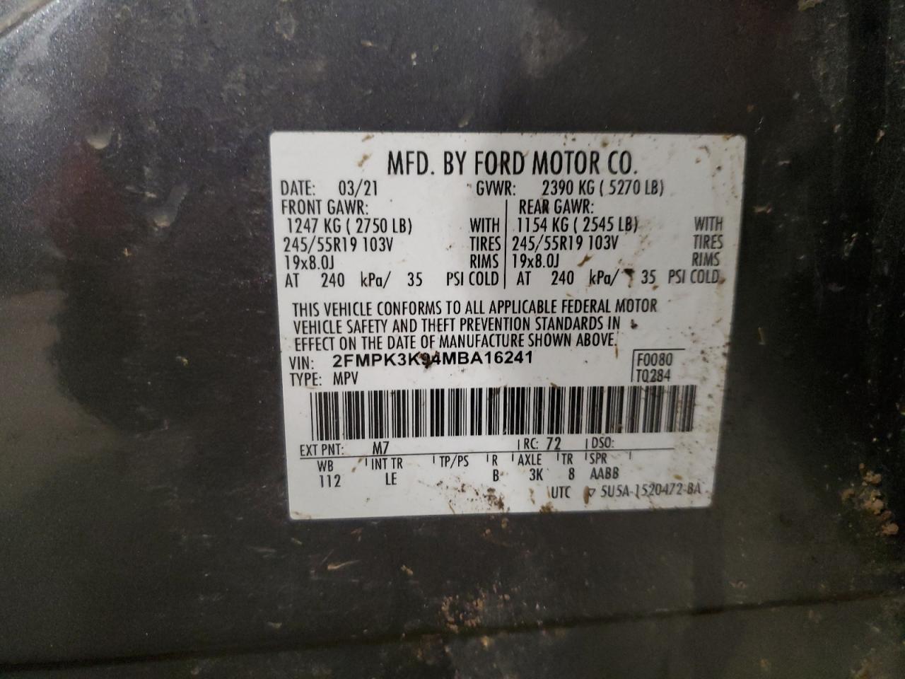 2021 Ford Edge VIN 2FMPK3K94MBA16241 Copart auction photo, rollover damage thumbnail 13