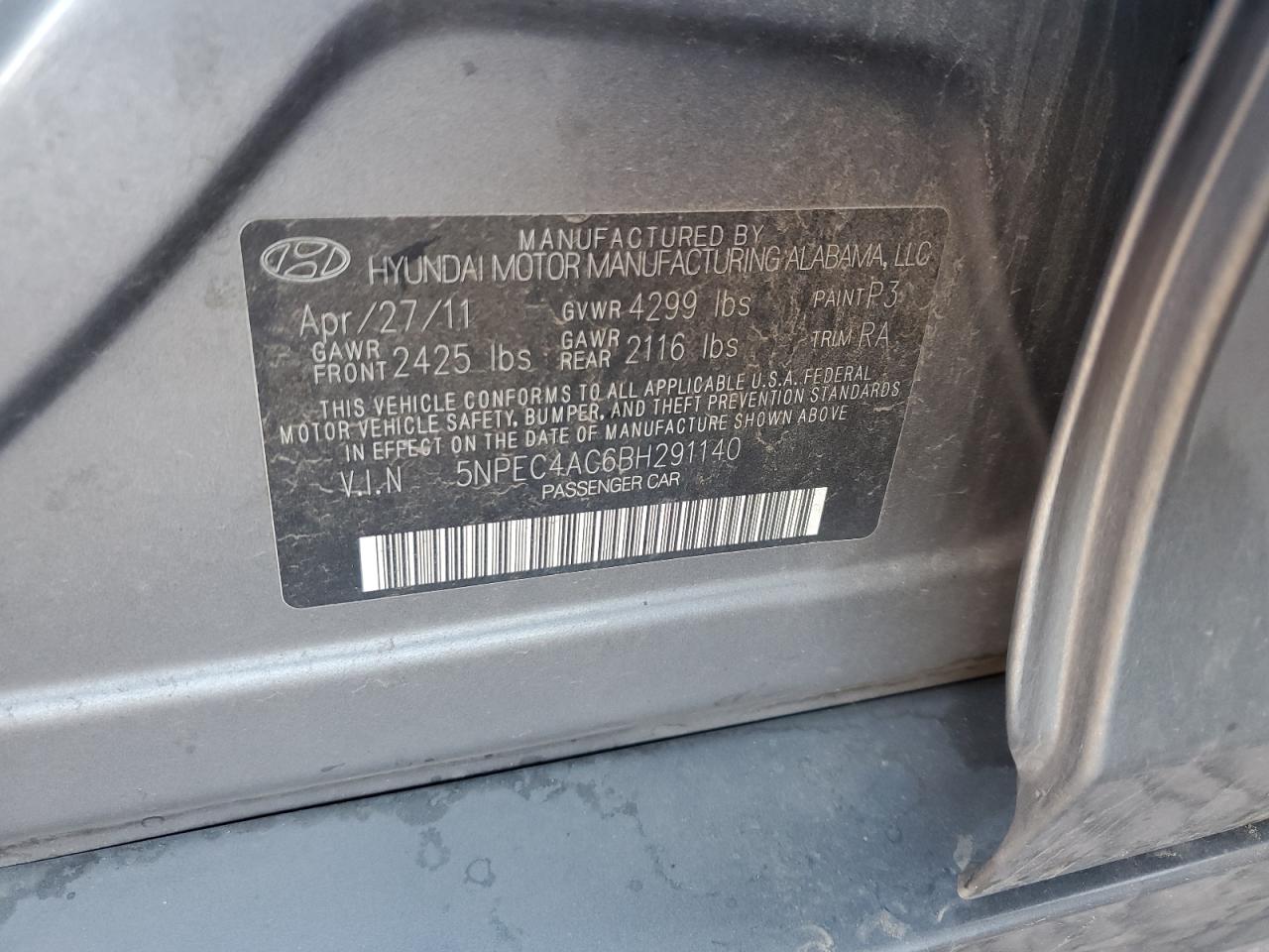 2011 Hyundai Sonata VIN 5NPEC4AC6BH291140 Copart auction photo, rear end / front end damage thumbnail 12