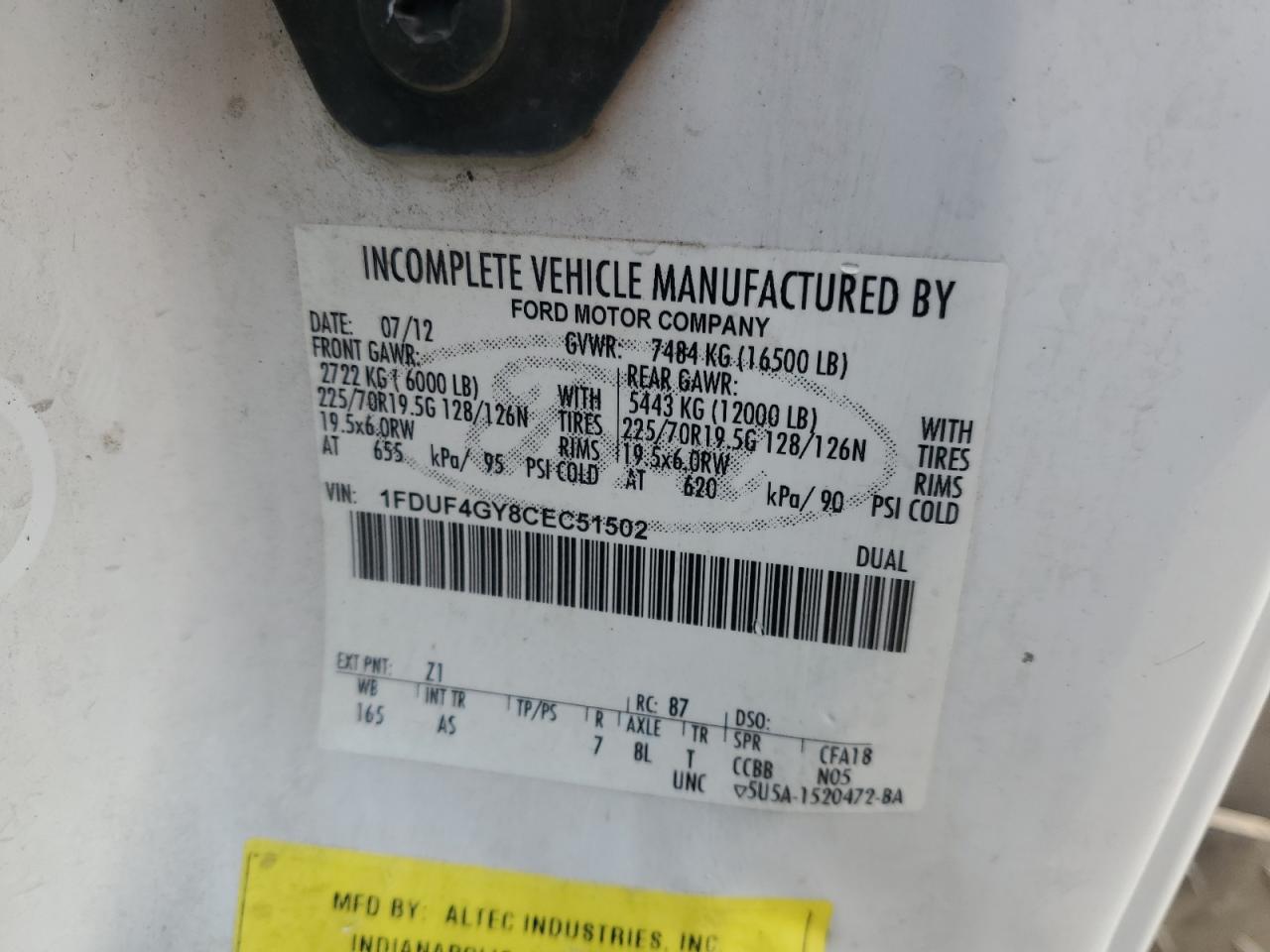 2012 Ford F450 VIN 1FDUF4GY8CEC51502 Copart auction photo, front end / minor dent/scratches damage thumbnail 12