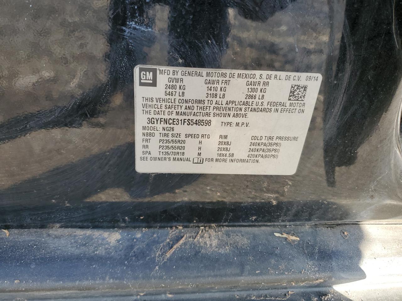 2015 Cadillac SRX VIN 3GYFNCE31FS548598 Copart auction photo, rollover damage thumbnail 14