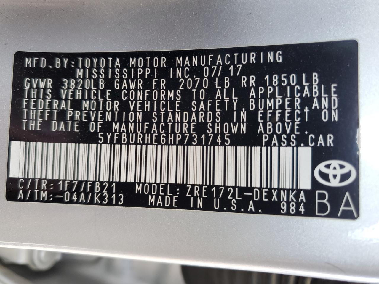 2017 Toyota Corolla VIN 5YFBURHE6HP731745 Copart auction photo, rear end damage thumbnail 12