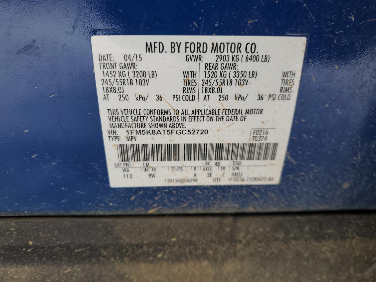 2015 Ford Explorer VIN 1FM5K8AT5FGC52720 Copart auction photo, side damage thumbnail 13