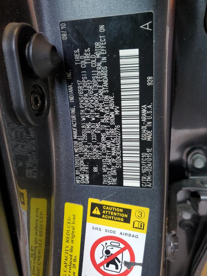 2010 Toyota Highlander VIN 5TDZK3EH4AS022776 Copart auction photo, all over damage thumbnail 16