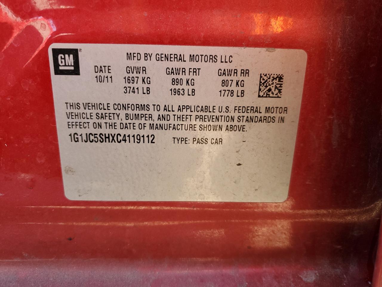 2012 Chevrolet Sonic VIN 1G1JC5SHXC4119112 Copart auction photo, rear end damage thumbnail 14