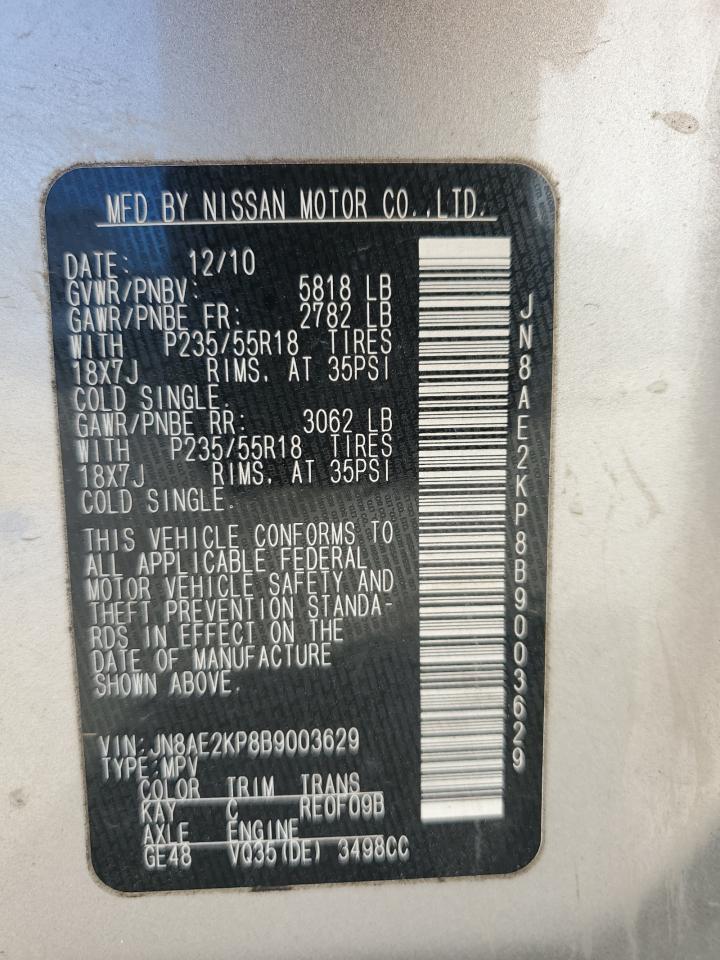 2011 Nissan Quest VIN JN8AE2KP8B9003629 Copart auction photo, front end damage thumbnail 13