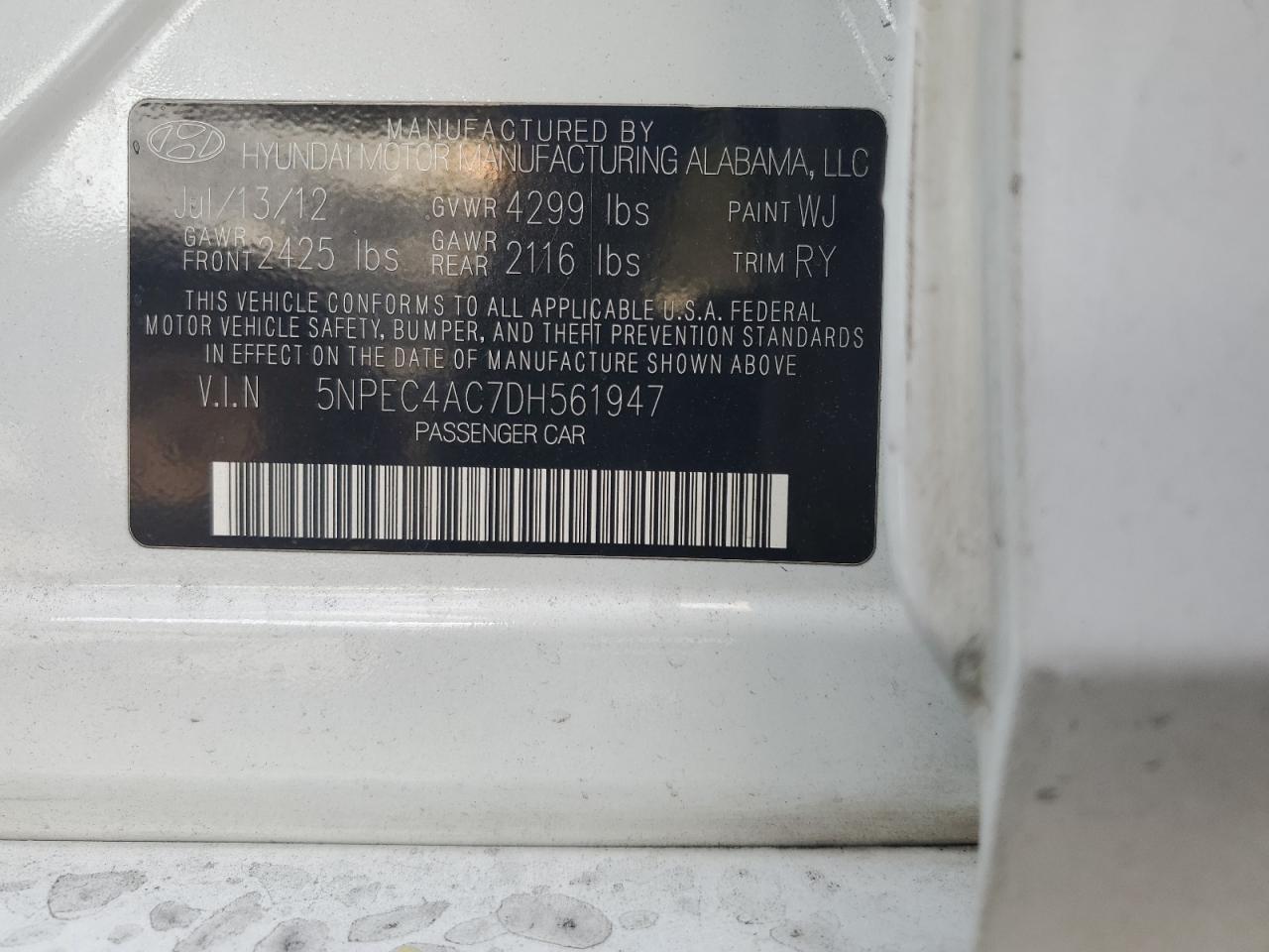 2013 Hyundai Sonata VIN 5NPEC4AC7DH561947 Copart auction photo, front end damage thumbnail 12