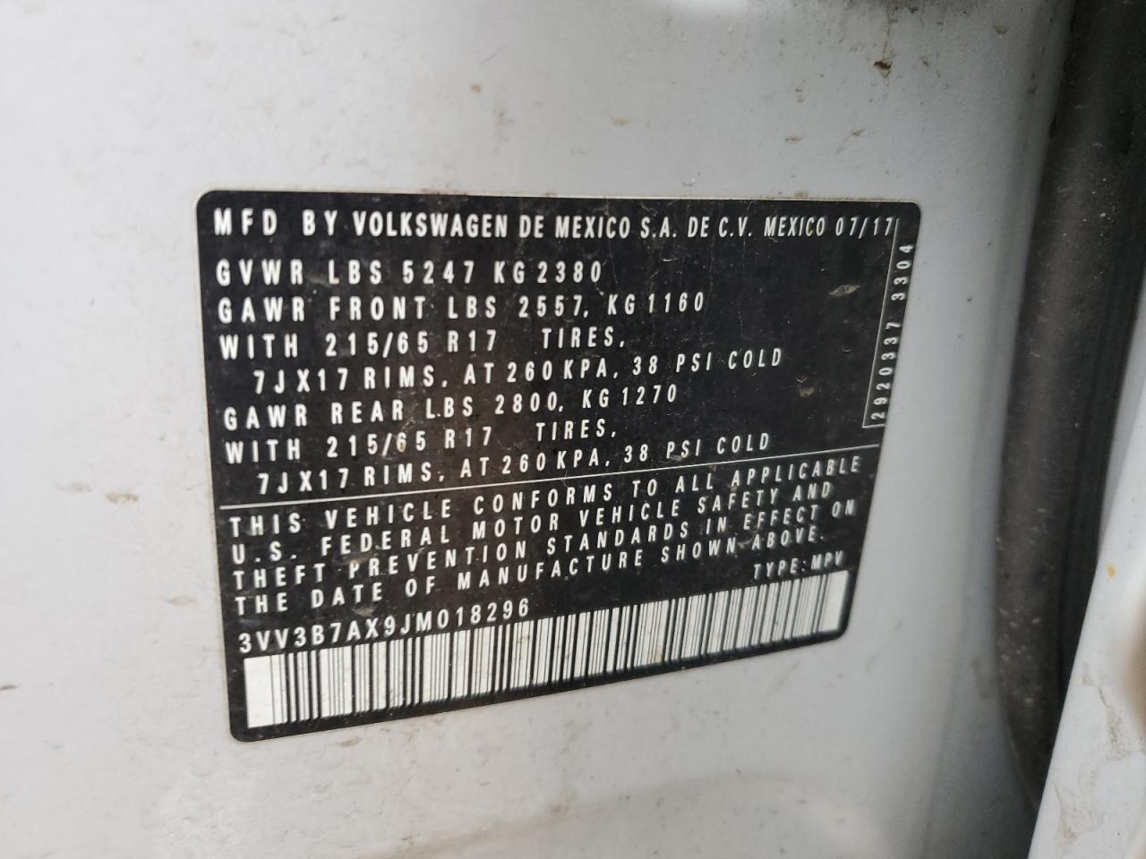 2018 Volkswagen Tiguan VIN 3VV3B7AX9JM018296 Copart auction photo, front end / minor dent/scratches damage thumbnail 14