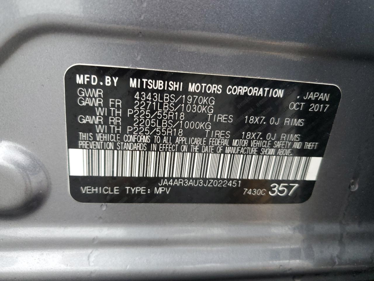 2018 Mitsubishi Outlander VIN JA4AR3AU3JZ022451 Copart auction photo, front end damage thumbnail 14