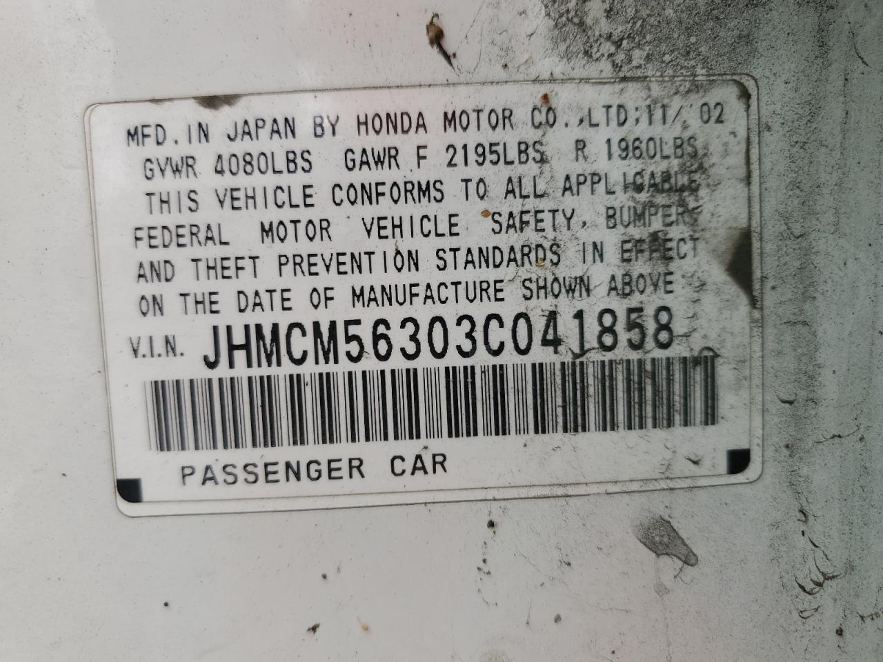 2003 Honda Accord VIN JHMCM56303C041858 Copart auction photo, side damage thumbnail 12