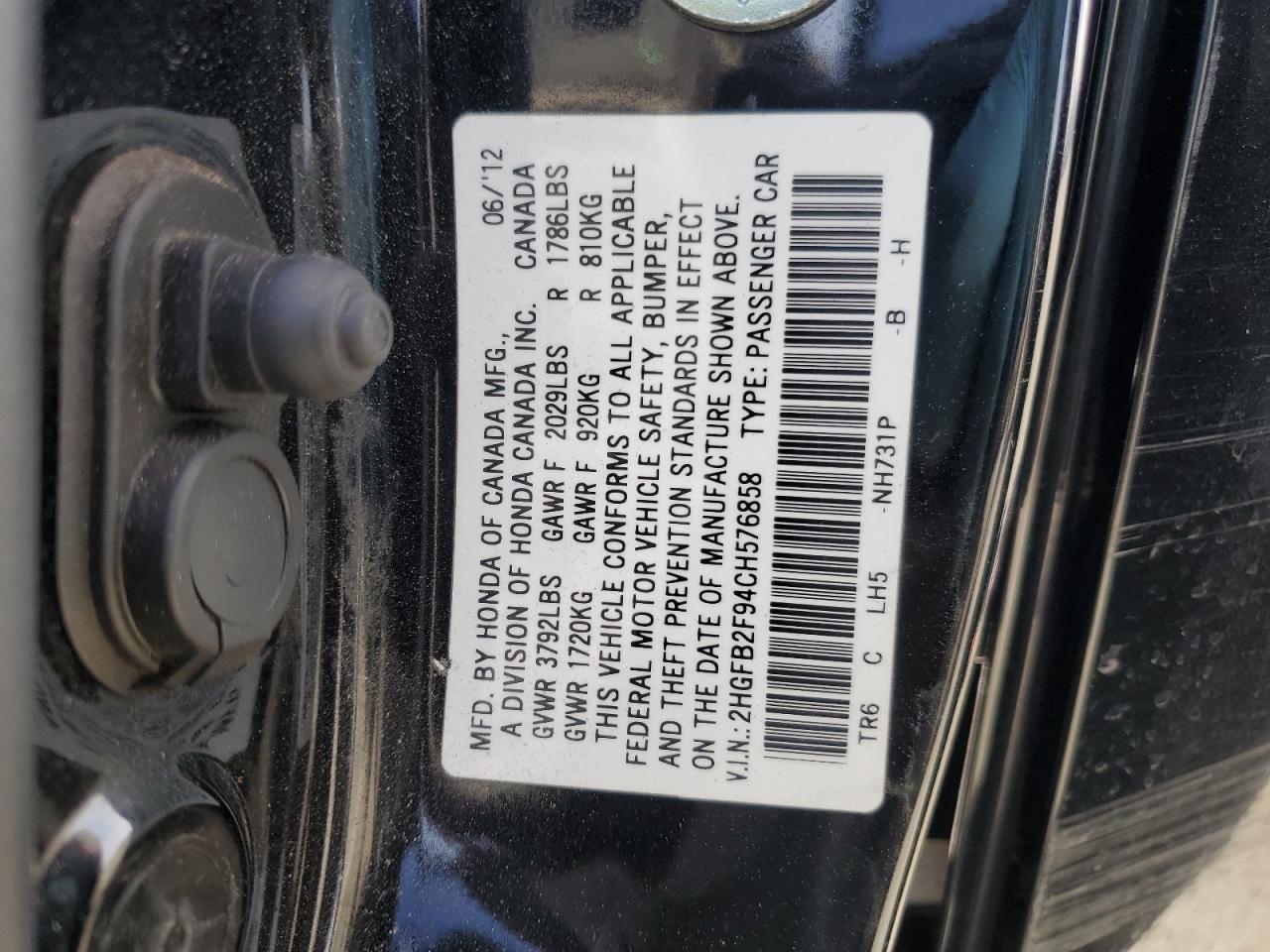 2012 Honda Civic VIN 2HGFB2F94CH576858 Copart auction photo, front end / rear end damage thumbnail 15