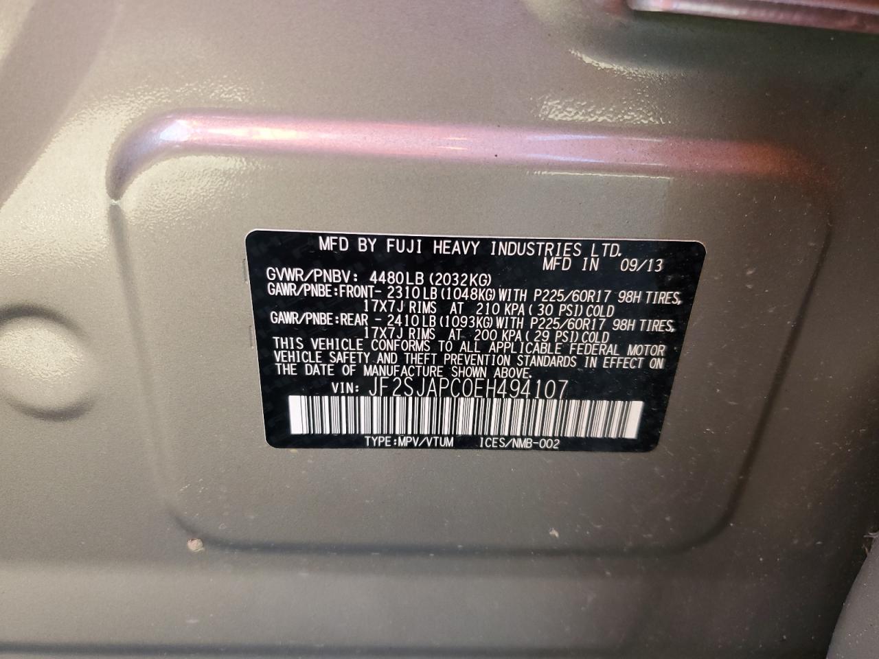 2014 Subaru Forester VIN JF2SJAPC0EH494107 Copart auction photo, front end damage thumbnail 13