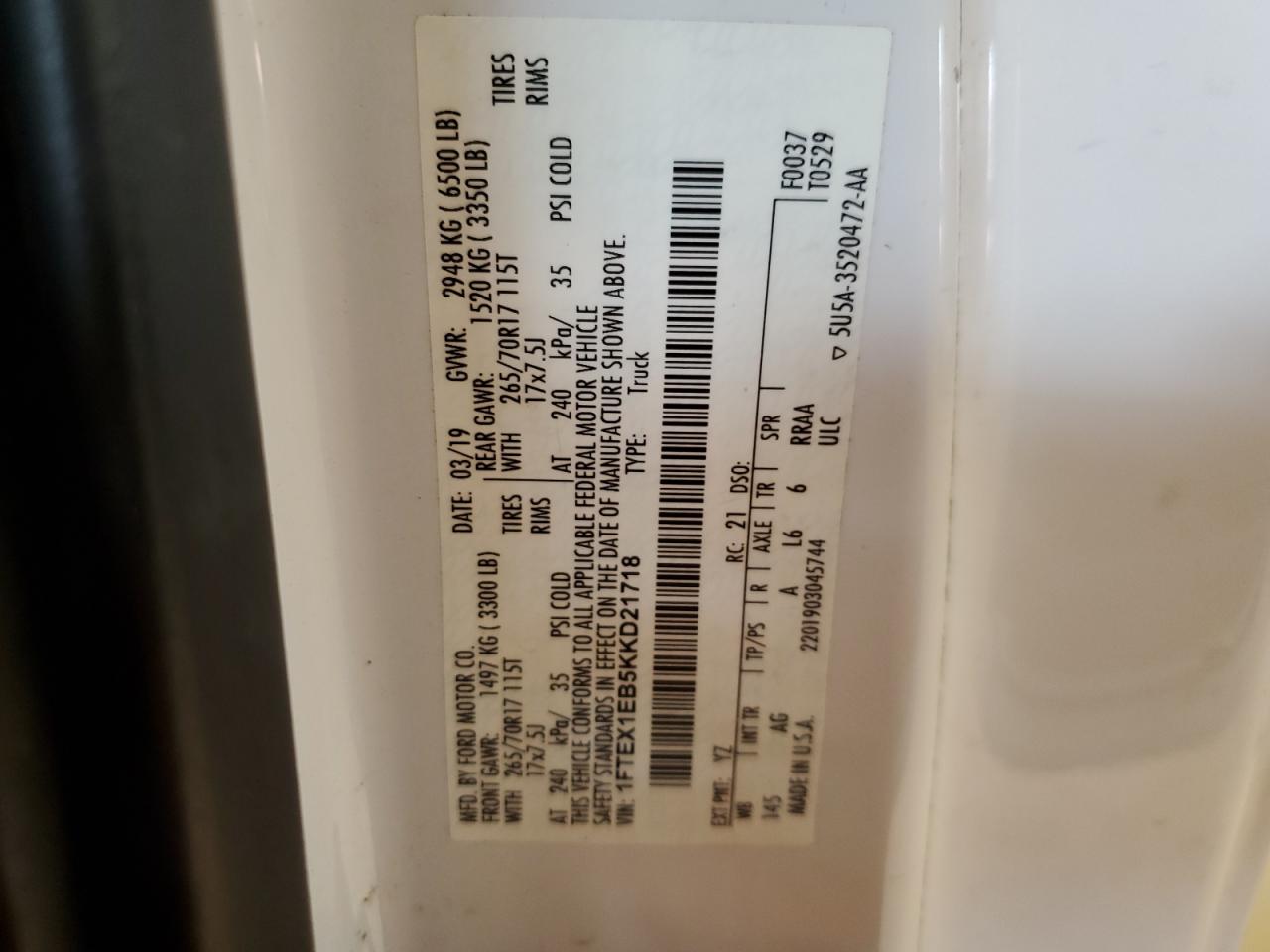 2019 Ford F-150 VIN 1FTEX1EB5KKD21718 Copart auction photo, front end damage thumbnail 14