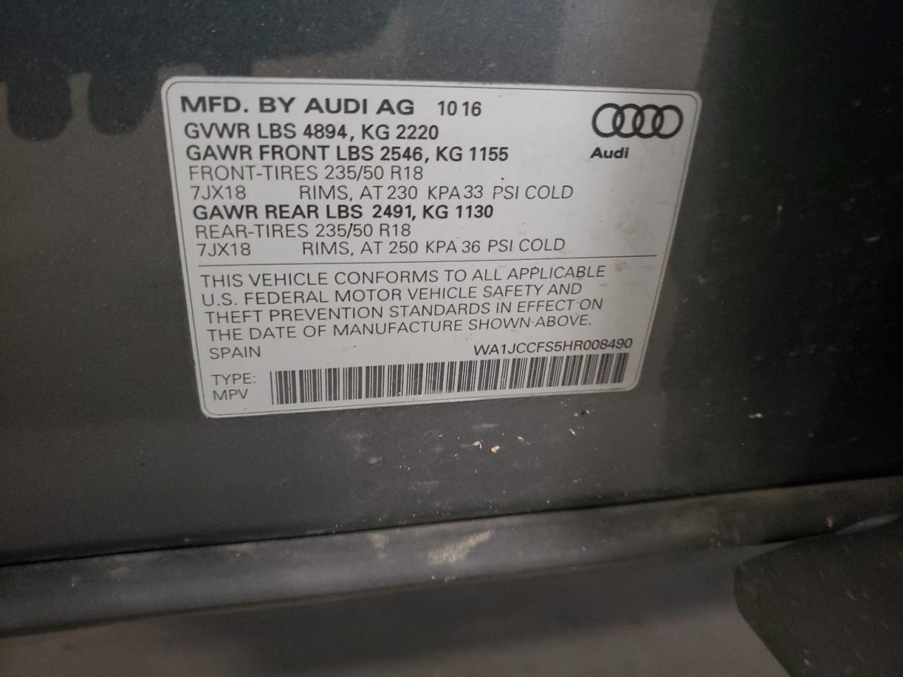 2017 Audi Q3 VIN WA1JCCFS5HR008490 Copart auction photo, all over damage thumbnail 13