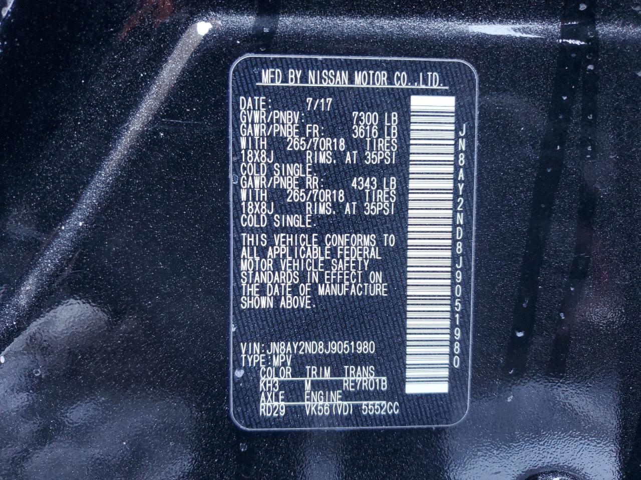 2018 Nissan Armada VIN JN8AY2ND8J9051980 Copart auction photo, side / front end damage thumbnail 13