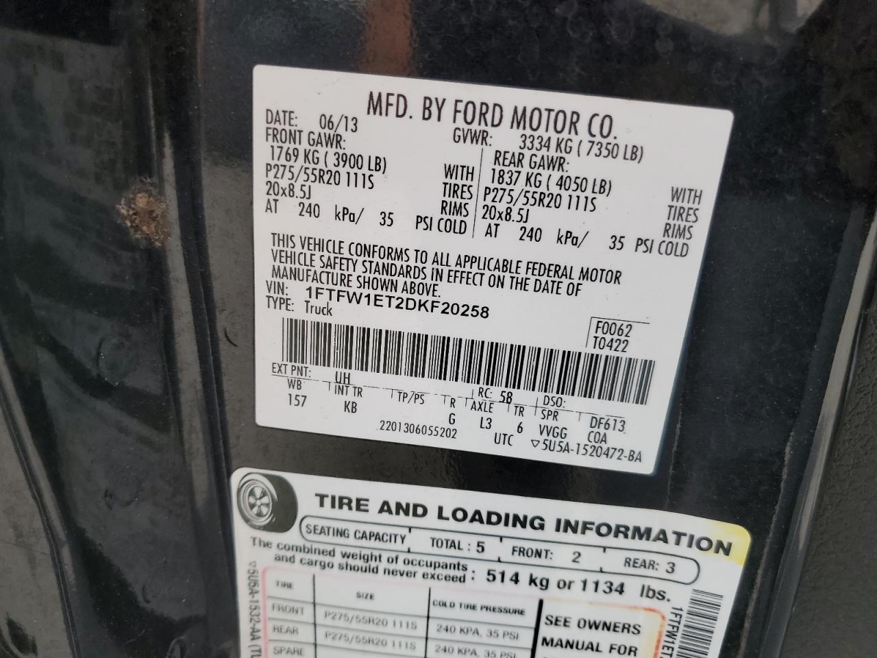 2013 Ford F-150 VIN 1FTFW1ET2DKF20258 Copart auction photo, front end damage thumbnail 12