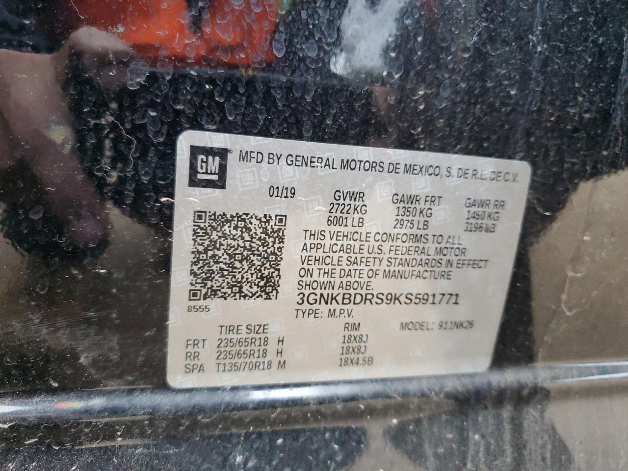 2019 Chevrolet Blazer VIN 3GNKBDRS9KS591771 Copart auction photo, front end / minor dent/scratches damage thumbnail 13