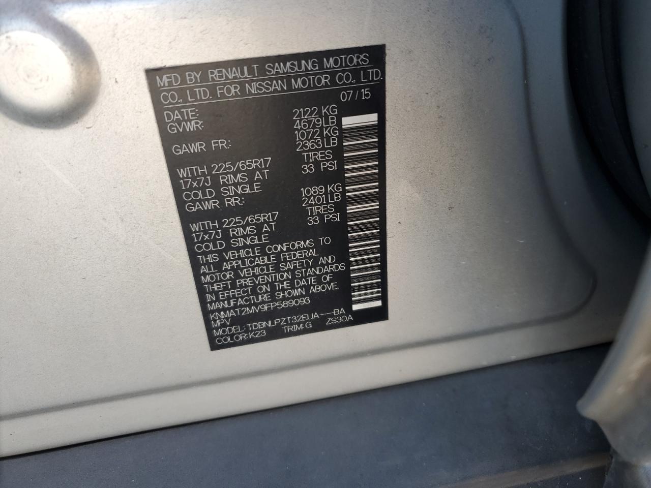 2015 Nissan Rogue VIN KNMAT2MV9FP589093 Copart auction photo, rear end / front end damage thumbnail 14