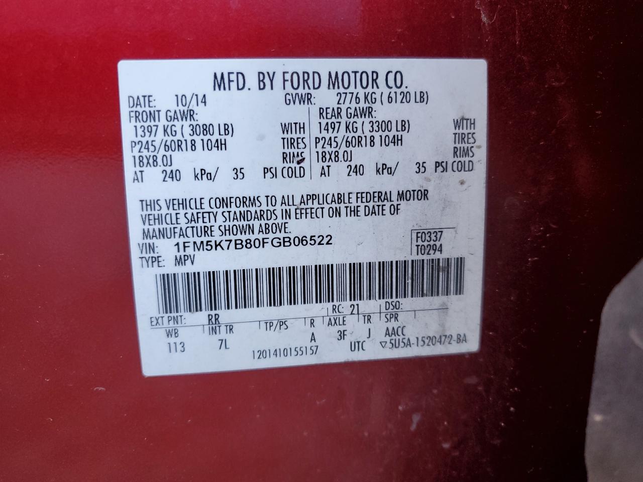 2015 Ford Explorer VIN 1FM5K7B80FGB06522 Copart auction photo, front end damage thumbnail 14