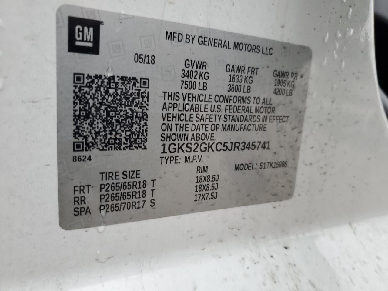 2018 GMC Yukon VIN 1GKS2GKC5JR345741 Copart auction photo, front end / minor dent/scratches damage thumbnail 15