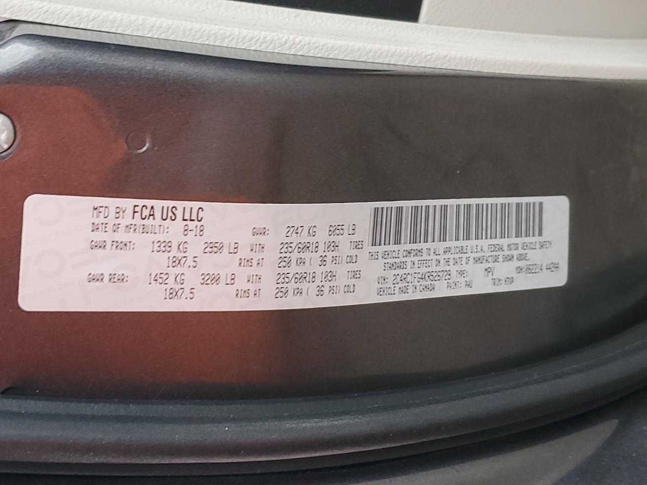 2019 Chrysler Pacifica VIN 2C4RC1FG4KR526729 Copart auction photo, front end / minor dent/scratches damage thumbnail 16