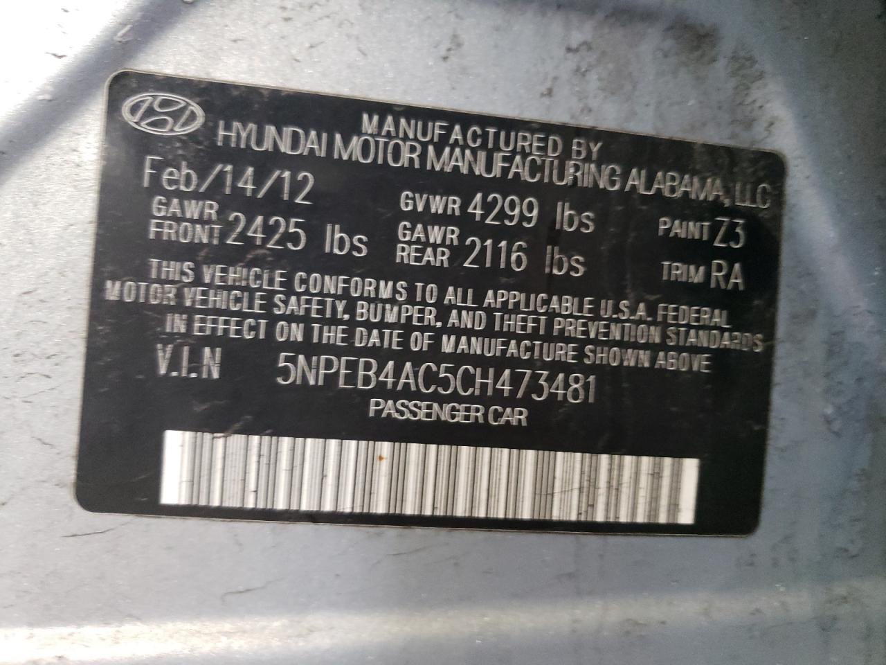 2012 Hyundai Sonata VIN 5NPEB4AC5CH473481 Copart auction photo, rear end damage thumbnail 12