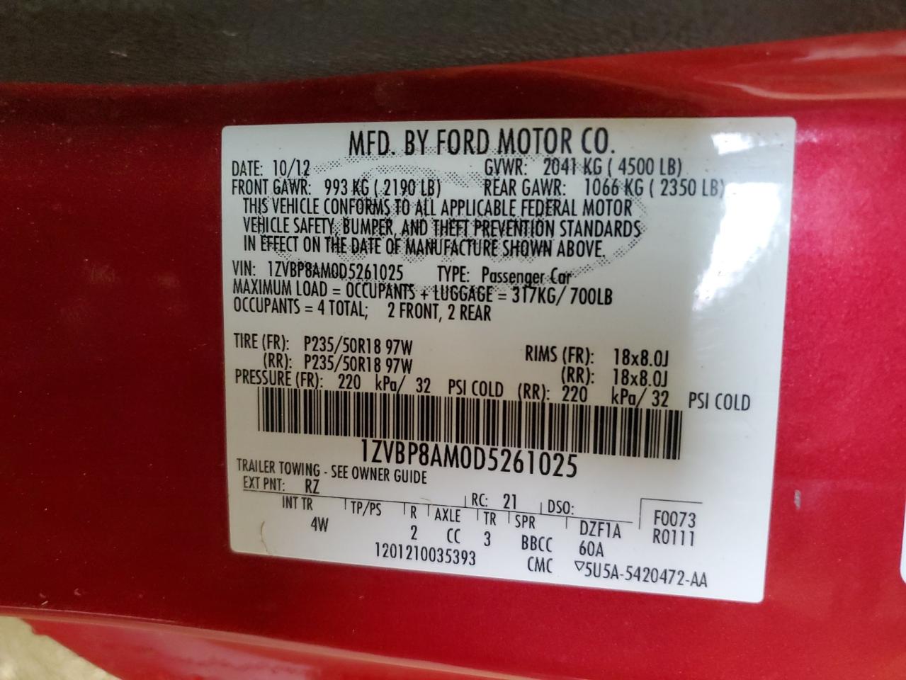 2013 Ford Mustang VIN 1ZVBP8AM0D5261025 Copart auction photo, front end / side damage thumbnail 14