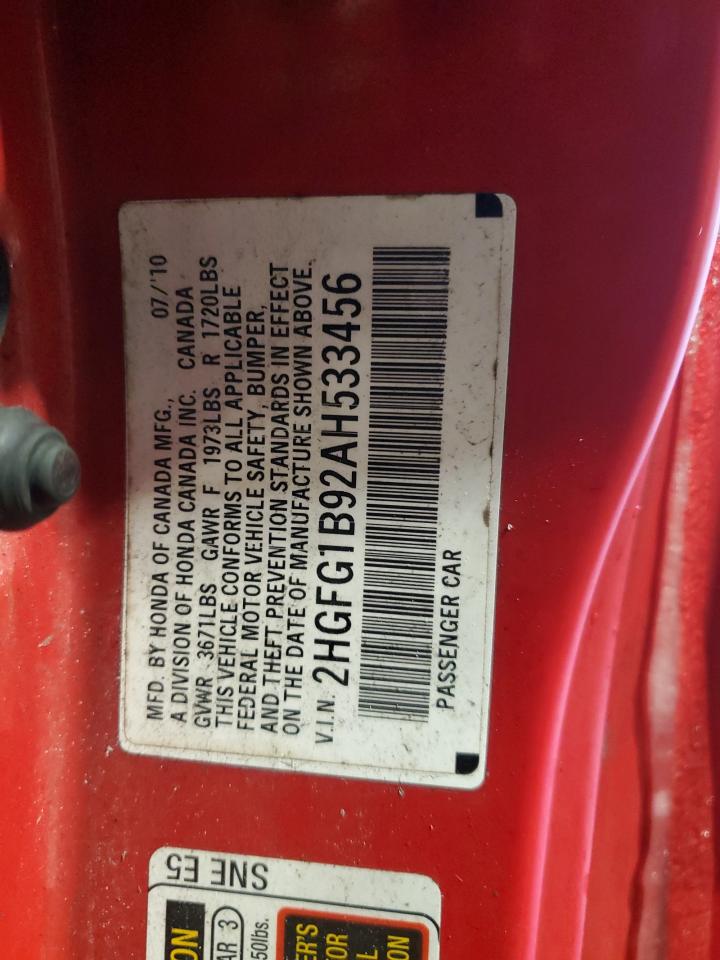 2010 Honda Civic VIN 2HGFG1B92AH533456 Copart auction photo, rear end damage thumbnail 14